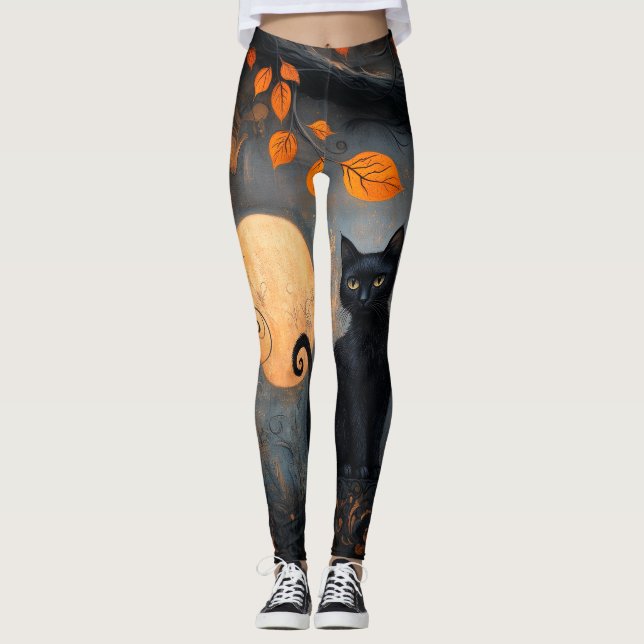 Halloween Full Moon Black Cat Ornate Autumn Leggings (Front)