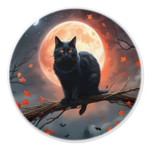 Halloween Full Moon Cat, Ceramic Knob