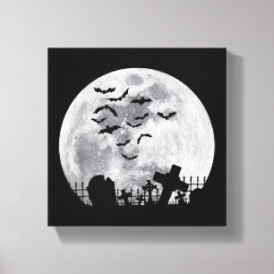 Halloween Full Moon Cemetery Graveyard Spooky Bats Canvas Print