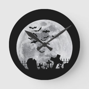 Halloween Full Moon Cemetery Graveyard Spooky Bats Round Clock