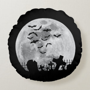 Halloween Full Moon Cemetery Graveyard Spooky Bats Round Pillow