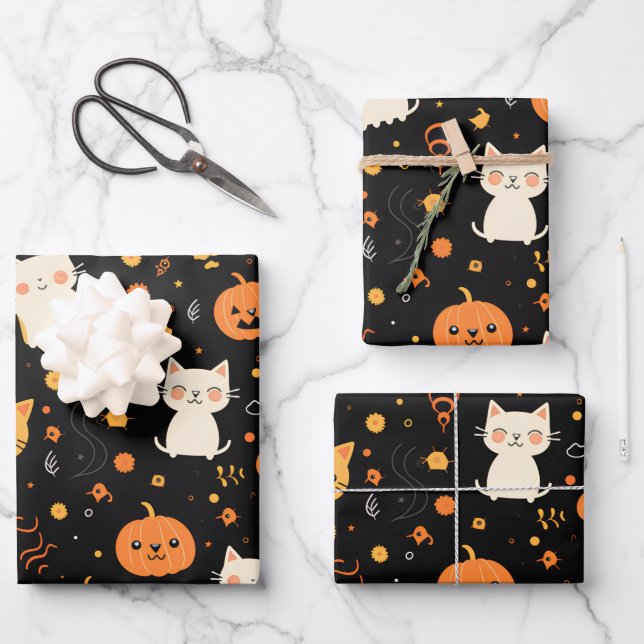 Halloween Fun Kids Cats Pumpkins  Wrapping Paper Sheet (Front)