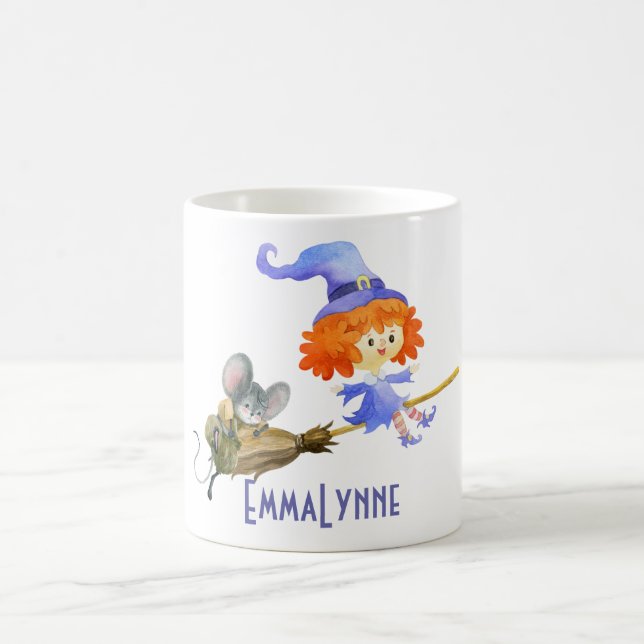 Halloween Fun Purple Witch Flying Broom Girly Name Coffee Mug (Center)