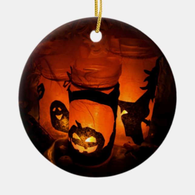 Halloween Fun with Pumpkins, Ghost & Witches, ZSSG Ceramic Ornament (Front)