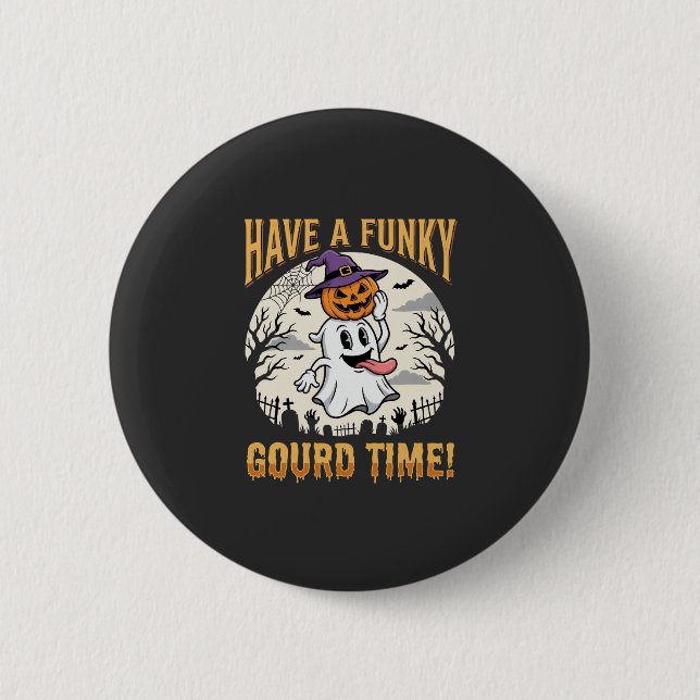 Halloween Funky Gourd Time Ghost Pumpkin 2 Inch Round Button (Front)