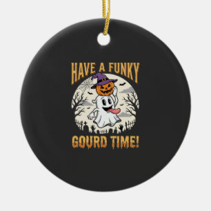 Halloween Funky Gourd Time Ghost Pumpkin Ceramic Ornament