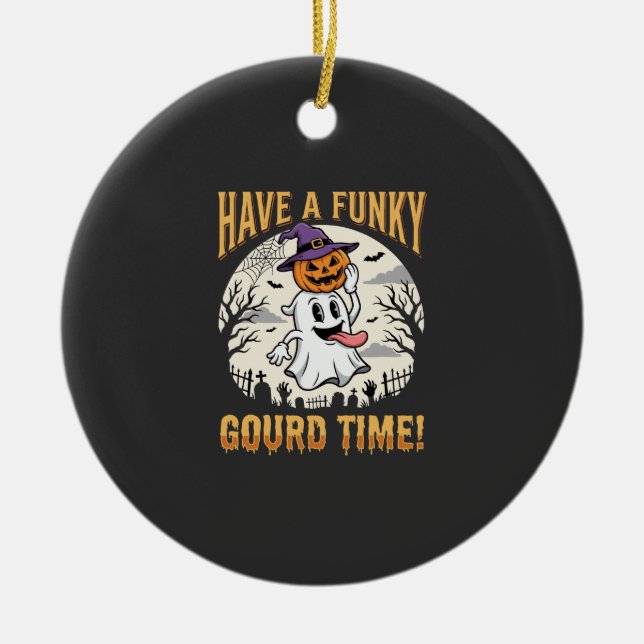 Halloween Funky Gourd Time Ghost Pumpkin Ceramic Ornament (Front)