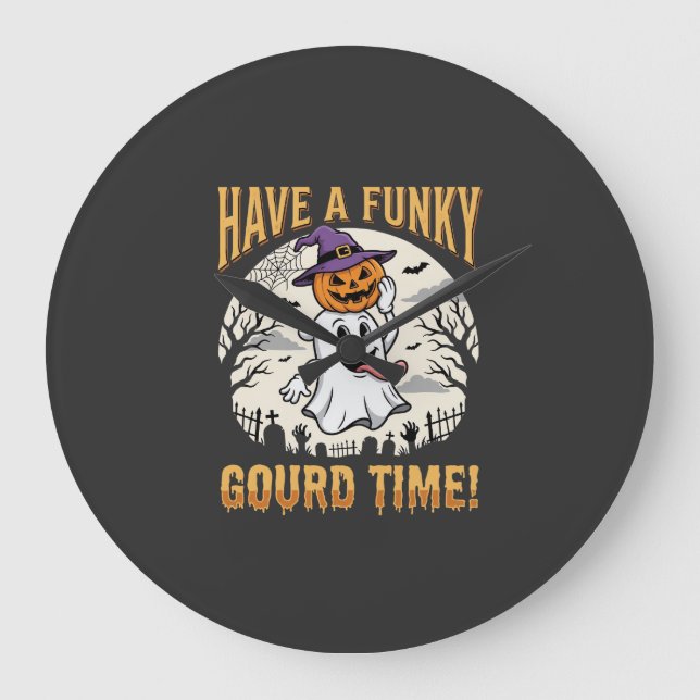 Halloween Funky Gourd Time Ghost Pumpkin Large Clock (Front)