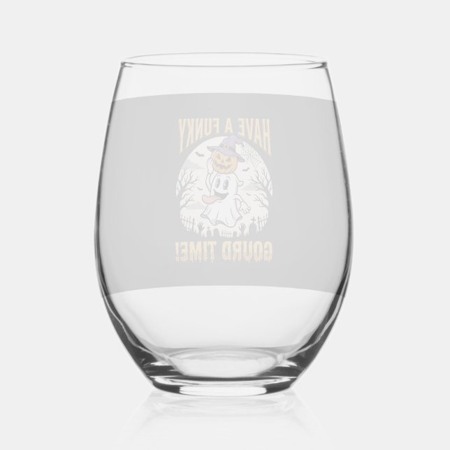 Halloween Funky Gourd Time Ghost Pumpkin Stemless Wine Glass (Front)