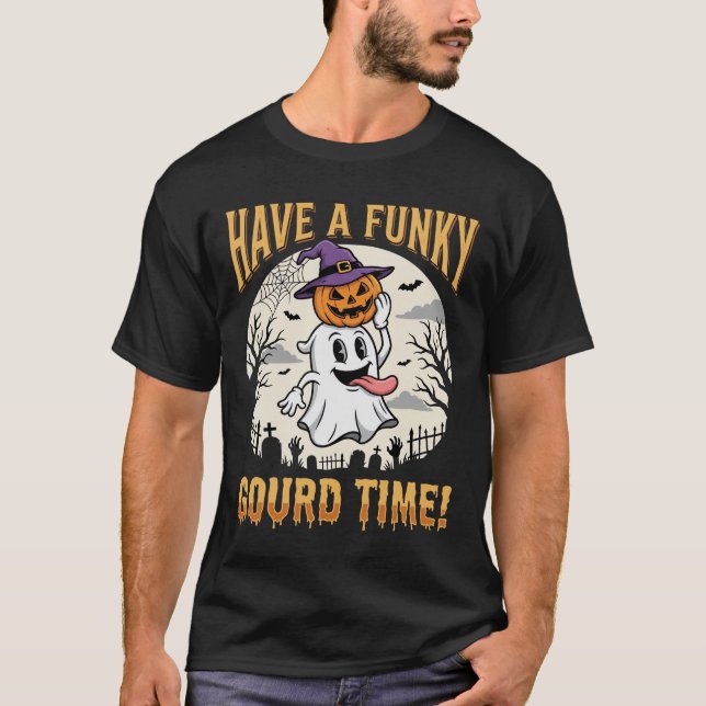 Halloween Funky Gourd Time Ghost Pumpkin T-Shirt (Front)