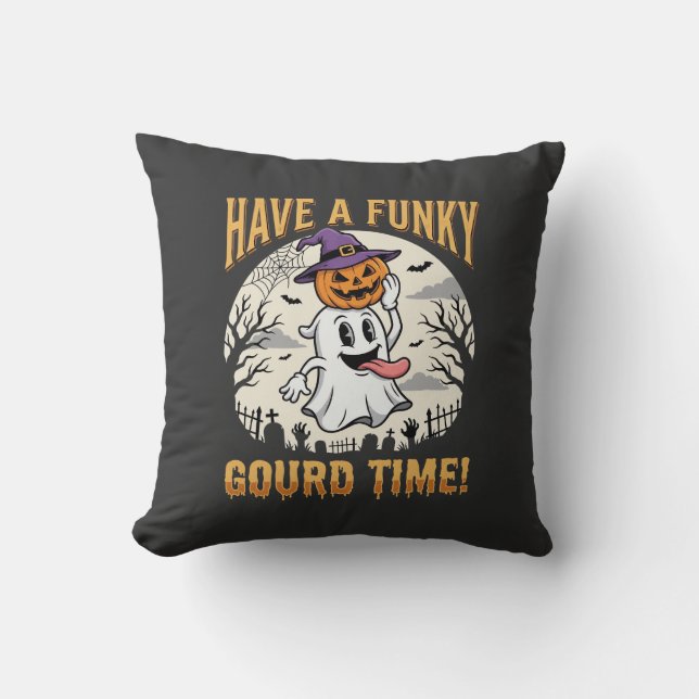 Halloween Funky Gourd Time Ghost Pumpkin Throw Pillow (Front)