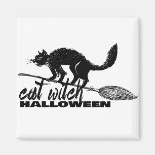 Halloween Funny Cat Witch On Broomstick Magnet