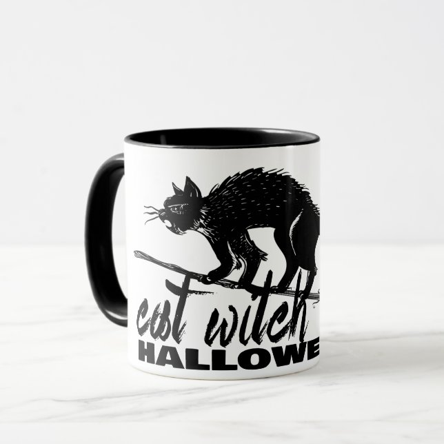 Halloween Funny Cat Witch On  Broomstick Mug (Front Left)