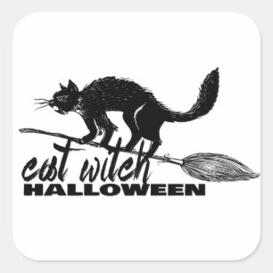 Halloween Funny Cat Witch On  Broomstick Square Sticker