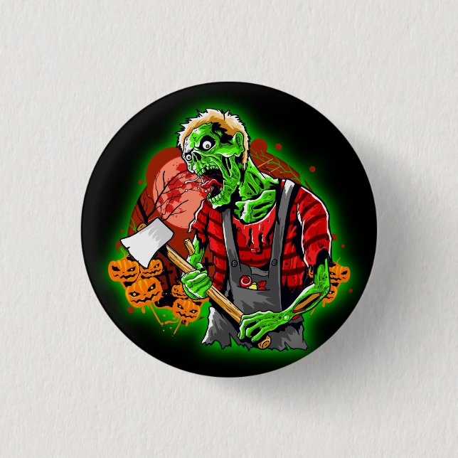 Halloween Funny Green Zombie Axe on   1 Inch Round Button (Front)