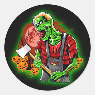 Halloween Funny Green Zombie Axe on Classic Round Sticker