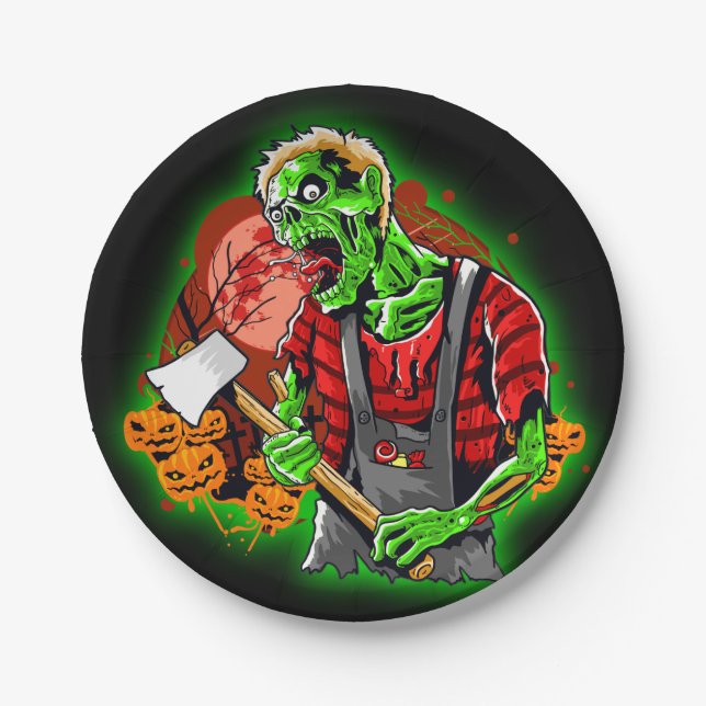 Halloween Funny Green Zombie Axe on Keychain Paper Plate (Front)