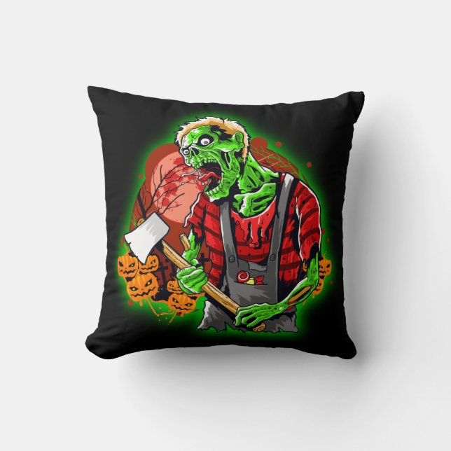 Halloween Funny Green Zombie Axe on Throw Pillow (Front)