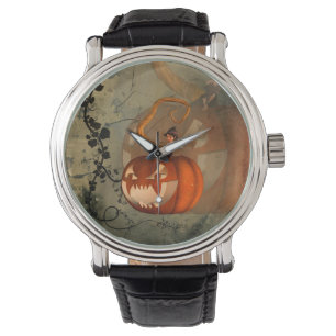 Halloween, funny pumpkin with cute witch watch