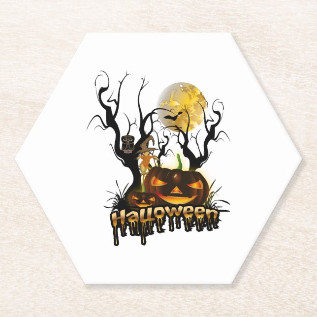 Halloween funny pumpkin with owl paper coaster (Front)