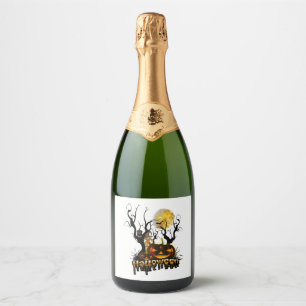 Halloween funny pumpkin with owl sparkling wine label