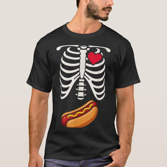 Halloween Funny Skeleton Ribcage Hotdog Food Lover T-Shirt (Front)