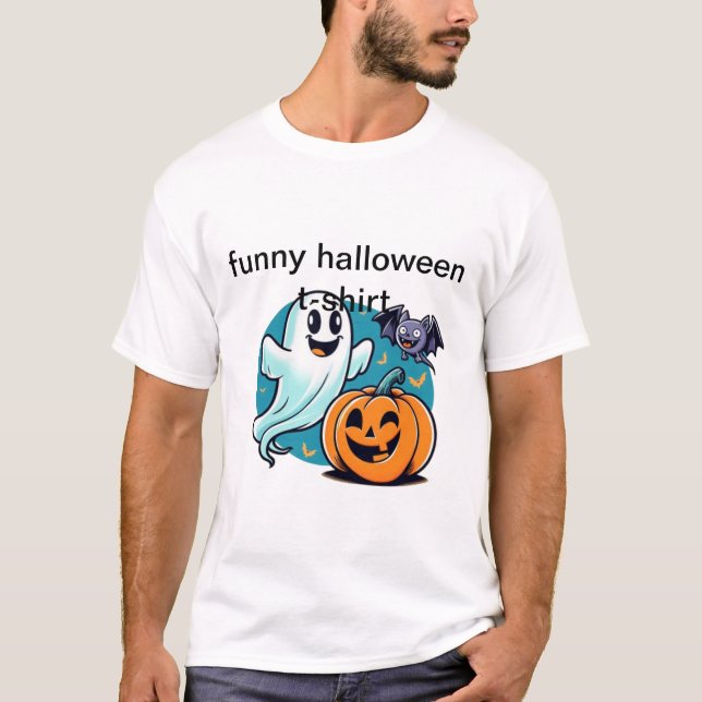 Halloween Funny T-shirt with Ghost, Bat, Pumpkin - (Front)