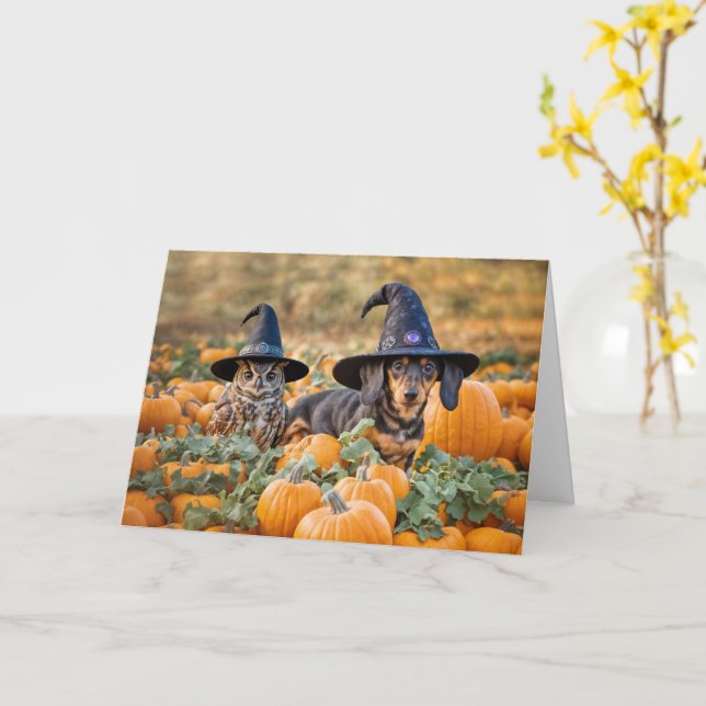 Halloween Funny with Cute Owl and Dachshund  Card (Yellow Flower)