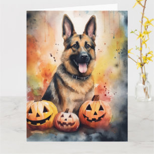 Halloween German Shepherd With Pumpkins Scary Card