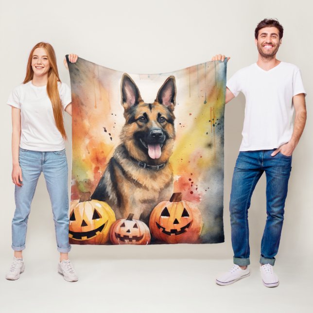 Halloween German Shepherd With Pumpkins Scary  Fleece Blanket (In Situ)