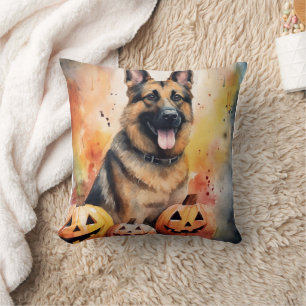 Halloween German Shepherd With Pumpkins Scary Throw Pillow
