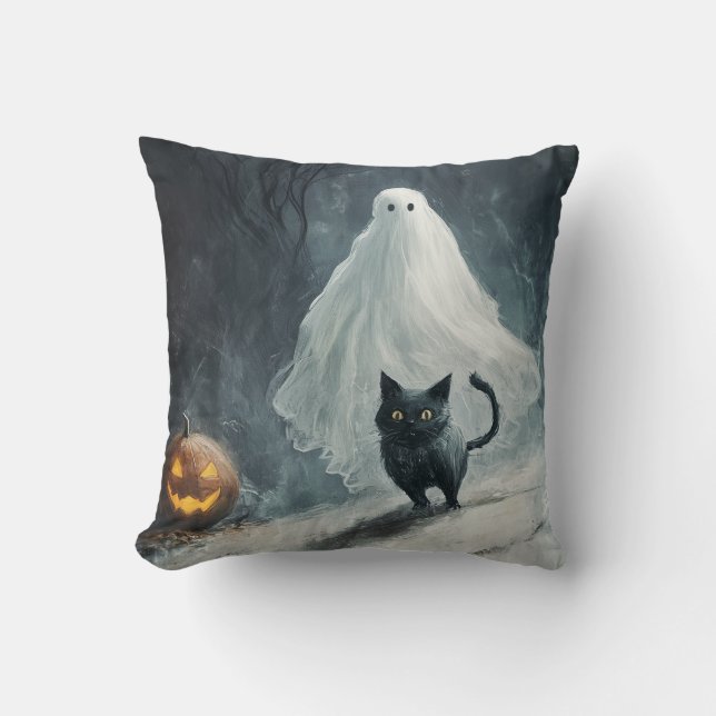 Halloween Ghost and Black Cat  Throw Pillow (Front)