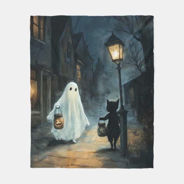 Halloween Ghost and Cat Encounter Fleece Blanket (Front)