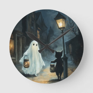 Halloween Ghost and Cat Encounter Round Clock