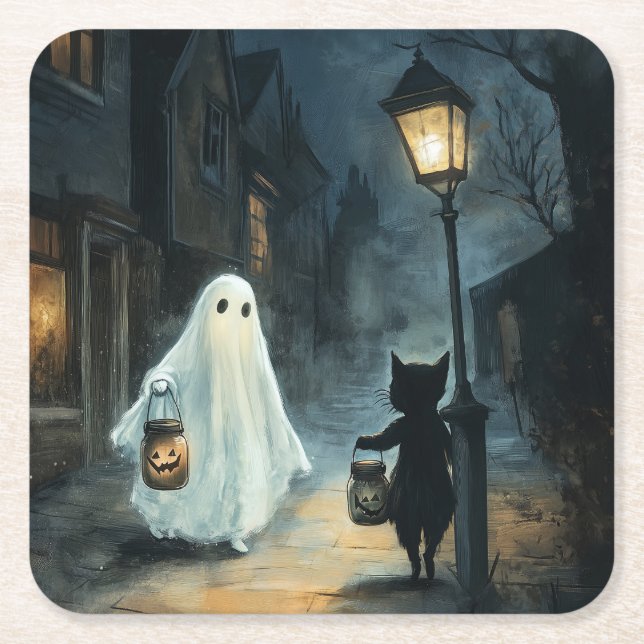 Halloween Ghost and Cat Encounter Square Paper Coaster (Front)