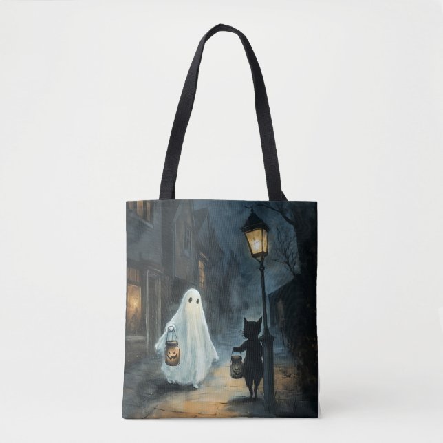 Halloween Ghost and Cat Encounter Tote Bag (Front)