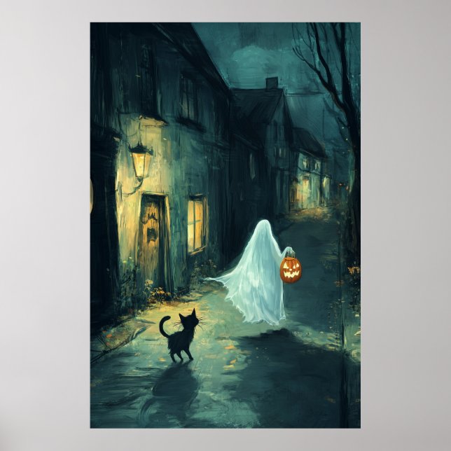 Halloween Ghost and Cat Trick or Treat Poster (Front)