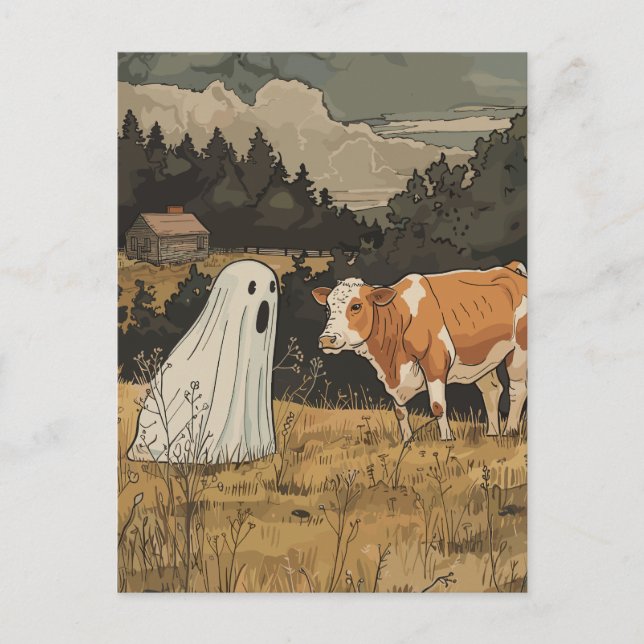 Halloween Ghost and Cow Vintage Farm Postcard (Front)