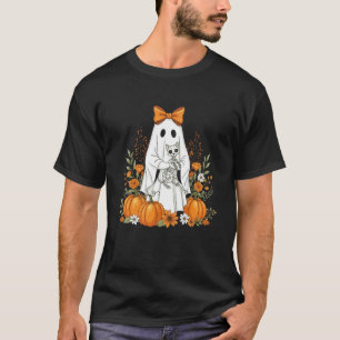 Halloween Ghost and Skeleton Cat Floral Spooky Gho T-Shirt
