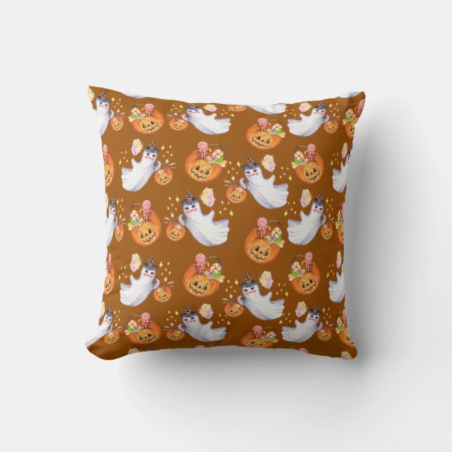 Halloween ghost and sweets seamless pattern tote b throw pillow (Front)