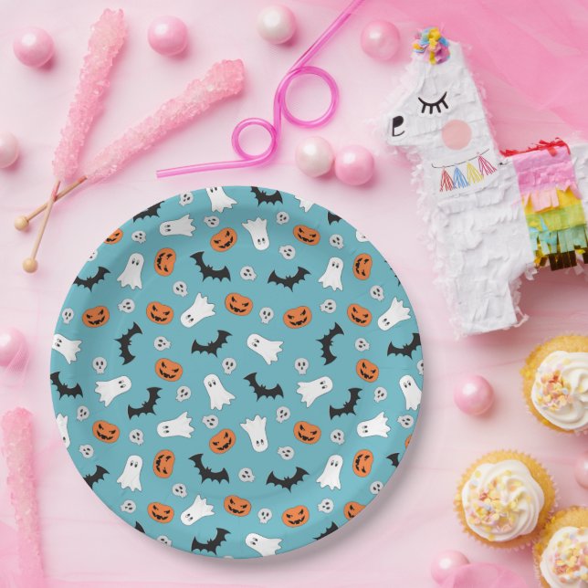 Halloween Ghost Bats And Pumpkins Mint Paper Plate (Party)