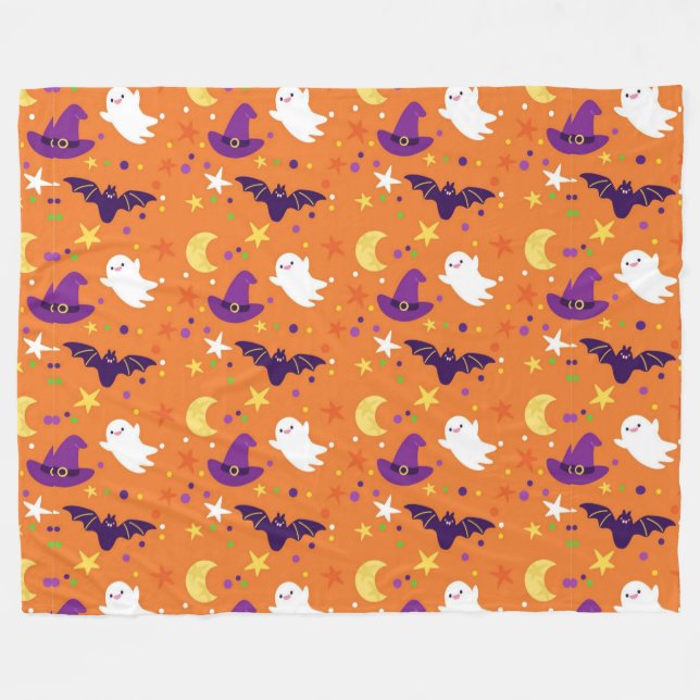 Halloween Ghost, Bats, Witches Hats Fleece Blanket (Front (Horizontal))