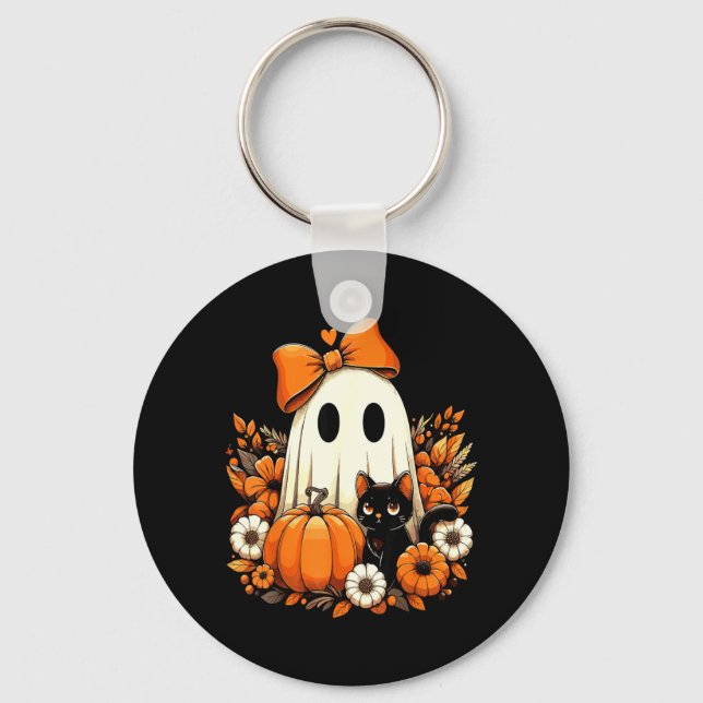 Halloween Ghost Black Cat Floral Groovy Keychain (Front)