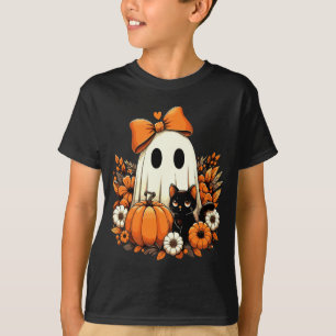 Halloween Ghost Black Cat Floral Groovy T-Shirt