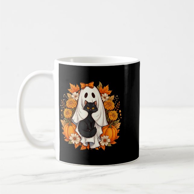 Halloween Ghost Black Cat Flowers Coffee Mug (Left)