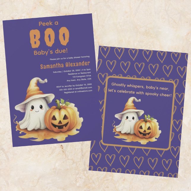 Halloween Ghost Boo baby shower Invitation (Cute pumpkin and ghost Peek-a-Boo baby shower invitation. Charming halloween poem on back of card.)