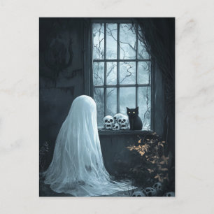 Halloween Ghost, Cat  and Skuls Postcard