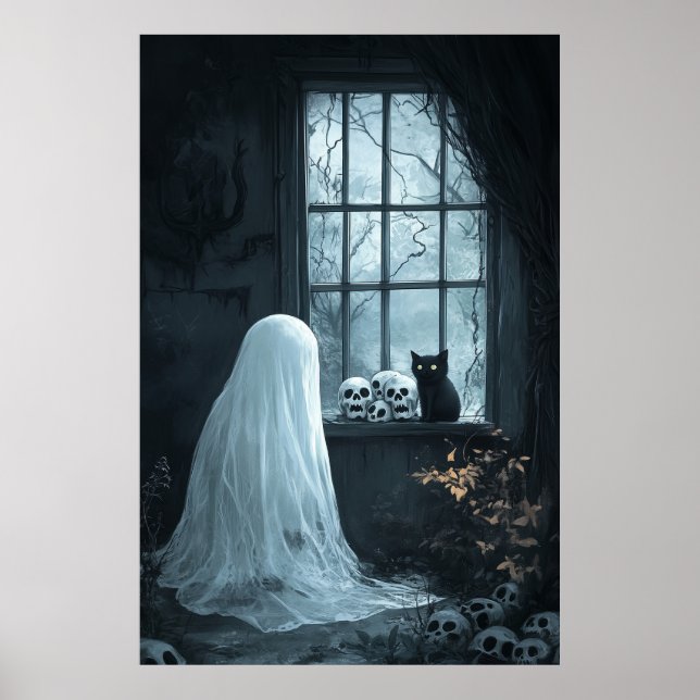 Halloween Ghost, Cat  and Skuls Poster (Front)