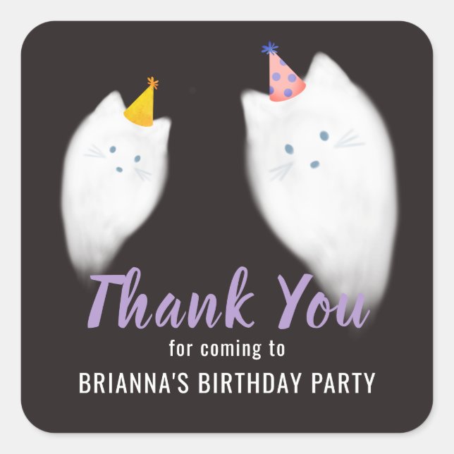 Halloween Ghost Cat Birthday Thank You Black Square Sticker (Front)