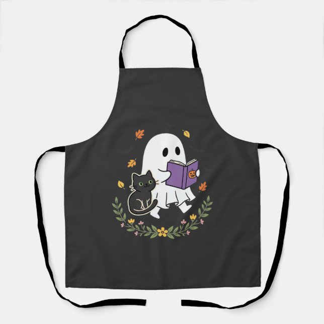 Halloween Ghost Cat Reading Book Floral Design_1 Apron (Front)